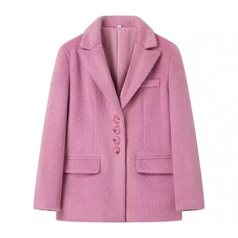 Damen elegante Blazerjacke mit weichem Fell und dekorativen Knopfdetails Drune
