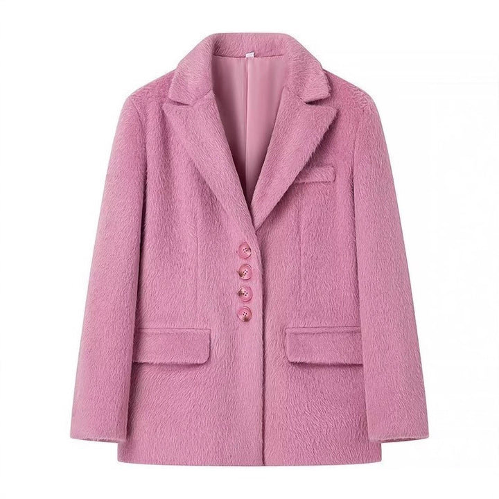 Damen elegante Blazerjacke mit weichem Fell und dekorativen Knopfdetails Drune