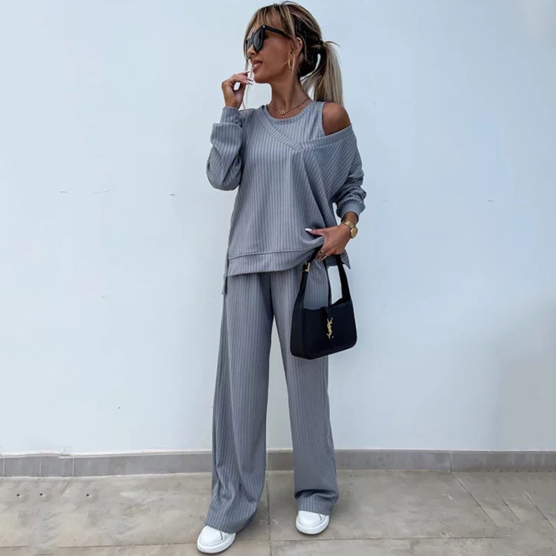 Damen nan elegantes Rippstrick-Zweiteiler Lounge-Set mit einseitigem Schulterfreischnitt und weitem Palazzo-Hosenbein Drune