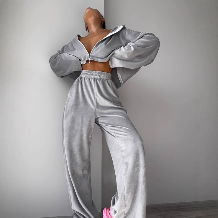 Damen Übergröße Fleece Set mit kurzem Oberteil und weitem Bein Drune