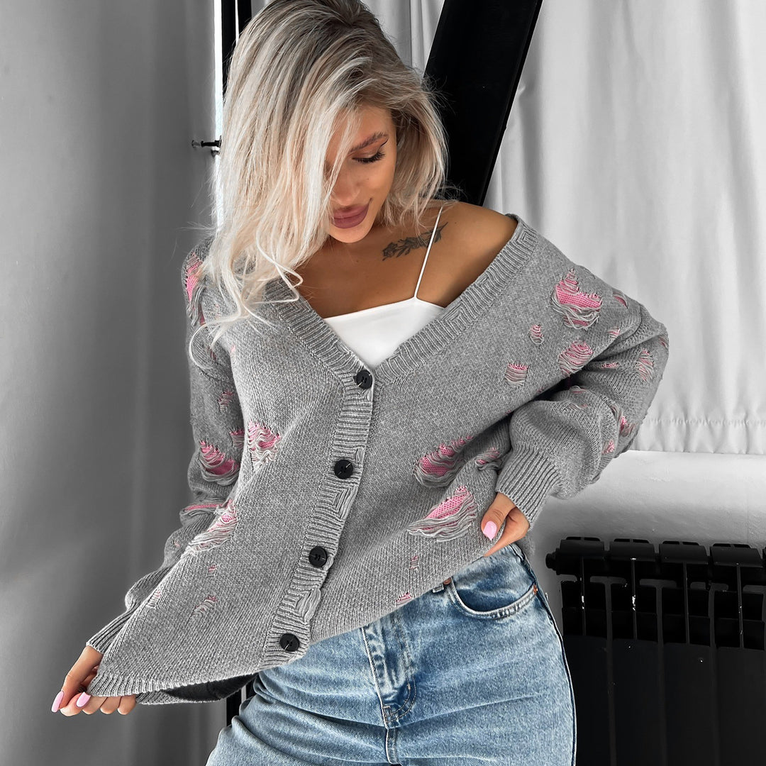 Damen Oversized Strickjacke mit floralem Design und lässigem Schnitt Drune