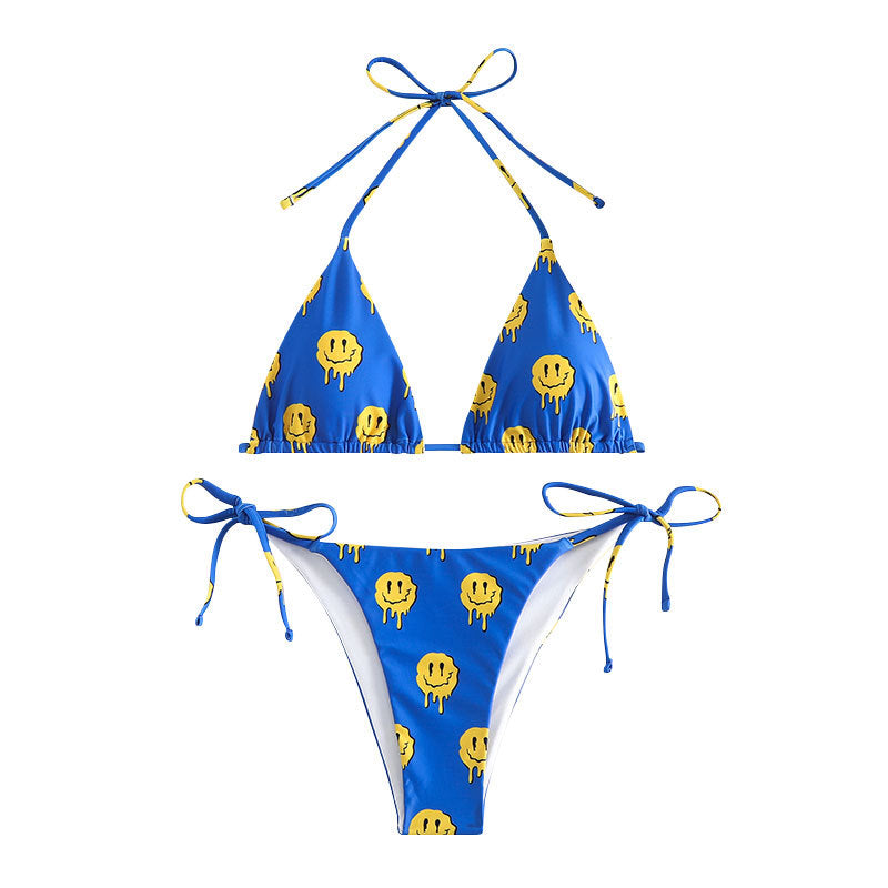 Damen Triangel-Bikini mit fröhlichem Smiley-Muster und verstellbaren Bindebändern Drune