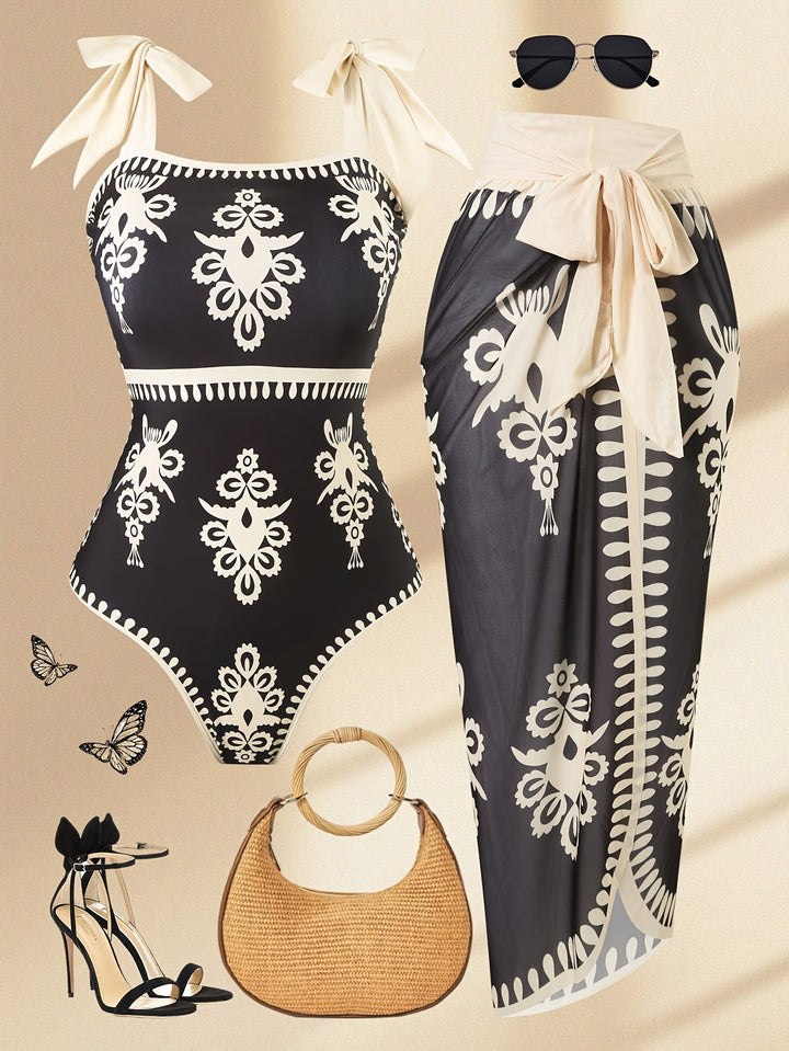 Damen eleganter Badeanzug mit verstellbaren Trägern und modischem Wickelrock Drune