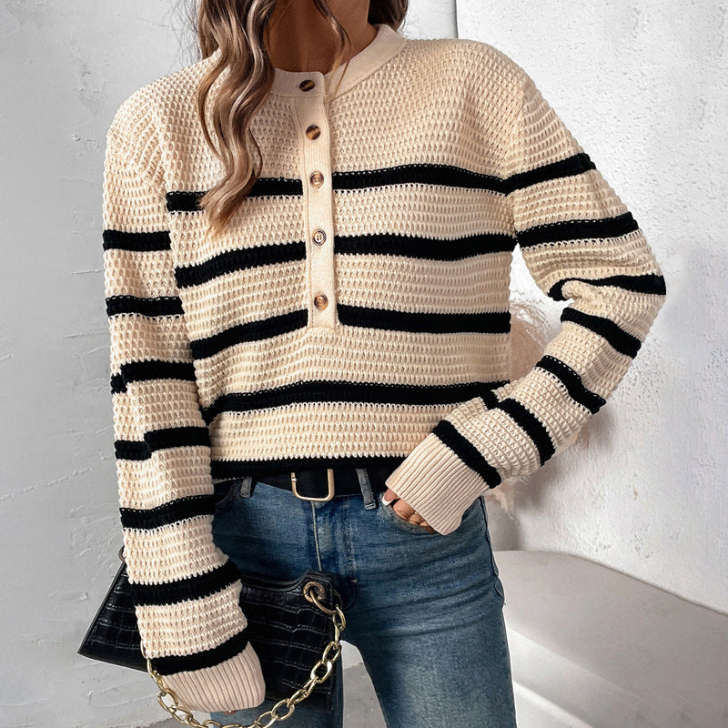 Damen lässiger Strickpullover mit Knopfleiste und gestreiftem Design Drune