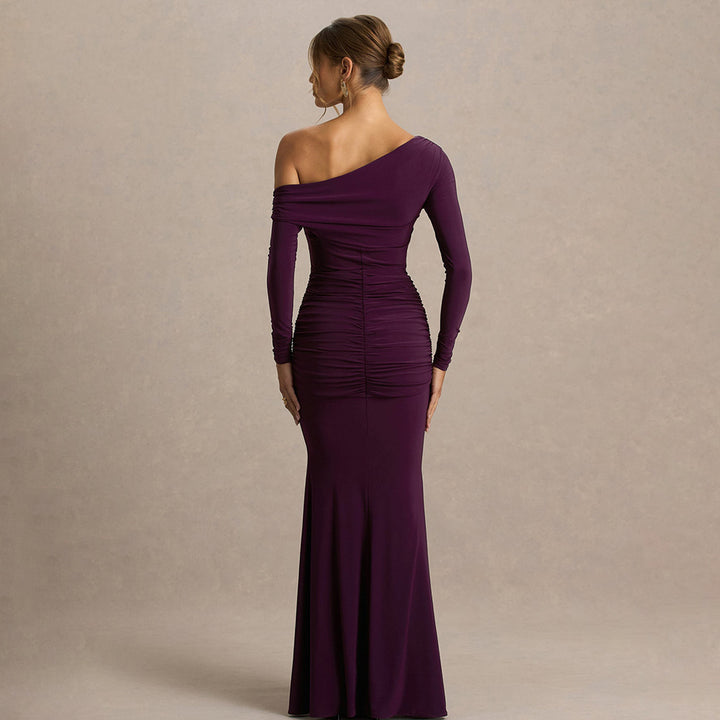 Damen figurbetontes Maxikleid mit asymmetrischem Design und Faltenwurf Drune