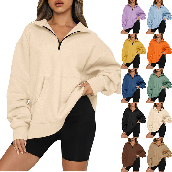 Damen nan Oversize-Halbzip-Kapuzenpullover mit Kängurutasche und verlängertem Saum Drune