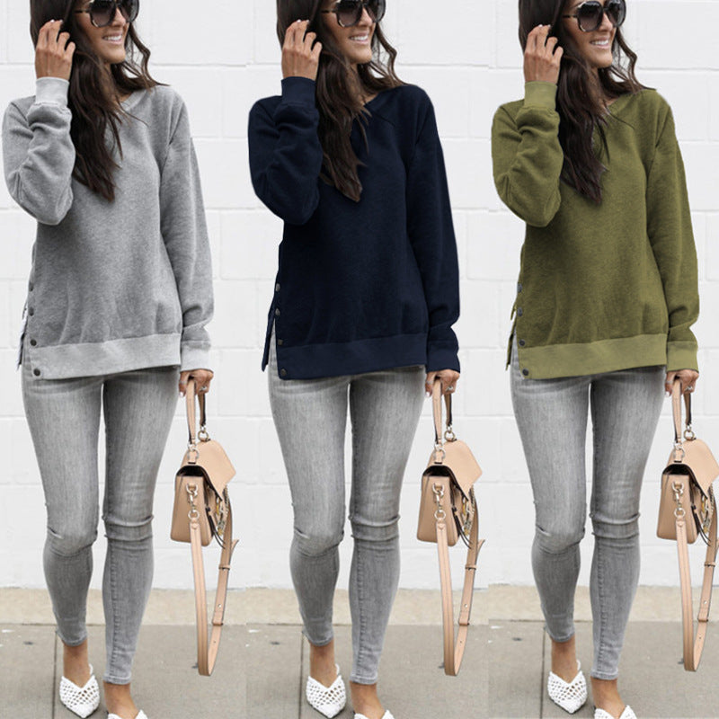 Damen Bequemer Sweatshirt mit Knopfdetails und seitlichen Schlitzen Drune