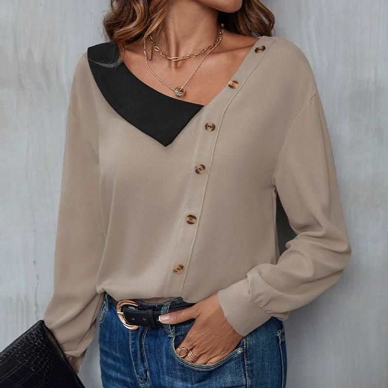 Damen Bluse mit asymmetrischem Kragen und dekorativen Knopfdetails Drune