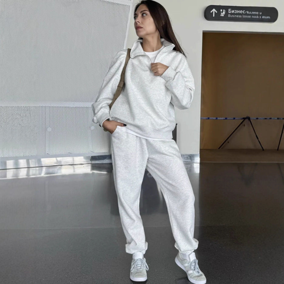 Damen sportlicher Sweat-Anzug mit halbem Reißverschluss und weiten Hosen Drune