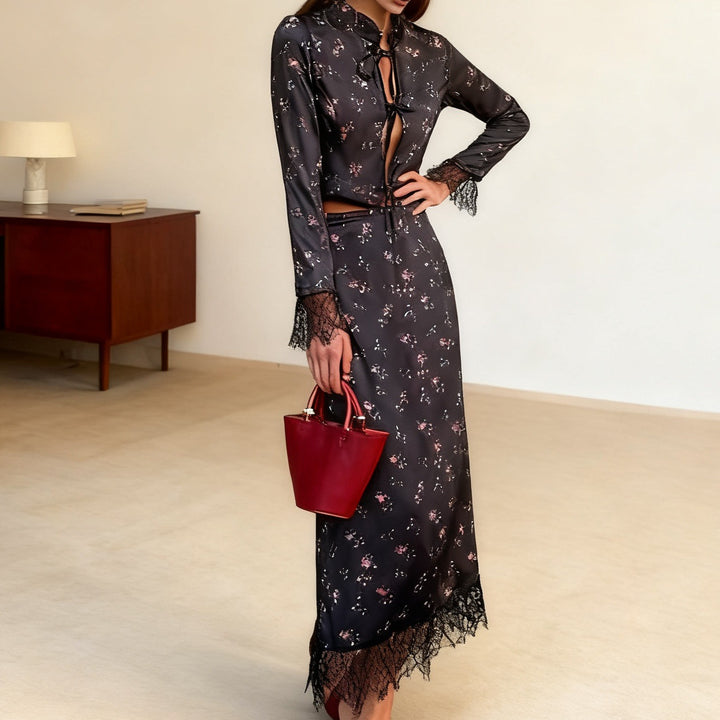 Damen Elegantes Maxikleid mit Spitzenbesatz und floralem Design Drune