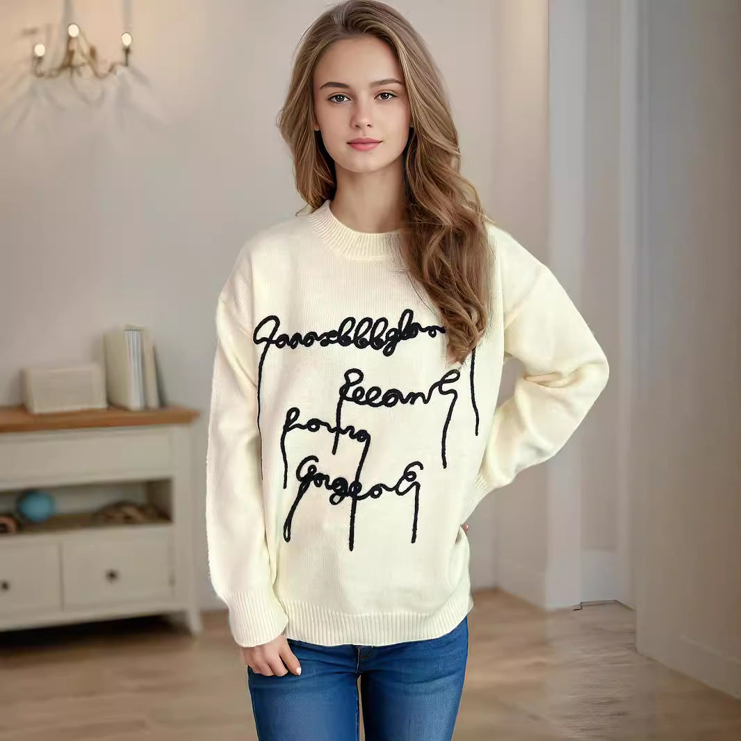Damen gemütlicher Oversized-Pullover mit kunstvollem Schriftzug Drune