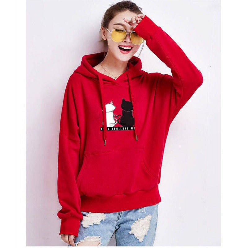 Damen Kapuzenpullover mit niedlichem Katzenmotiv und Kängurutasche Drune