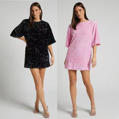 Damen Glamouröses Pailletten-Minikleid mit weit geschnittenen Ärmeln und elegantem Sneaker-Look Drune