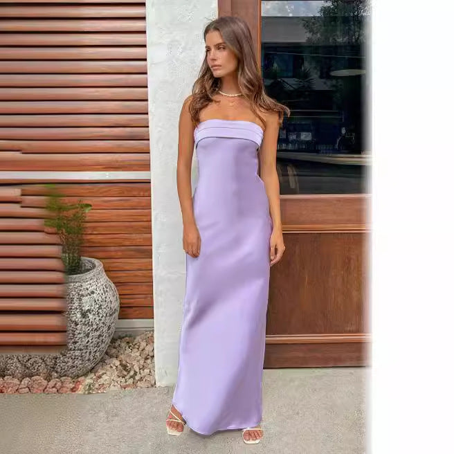 Drune | Sommer Einfarbiges Trägerloses Elastisches Rückfreies Satin Kleid
