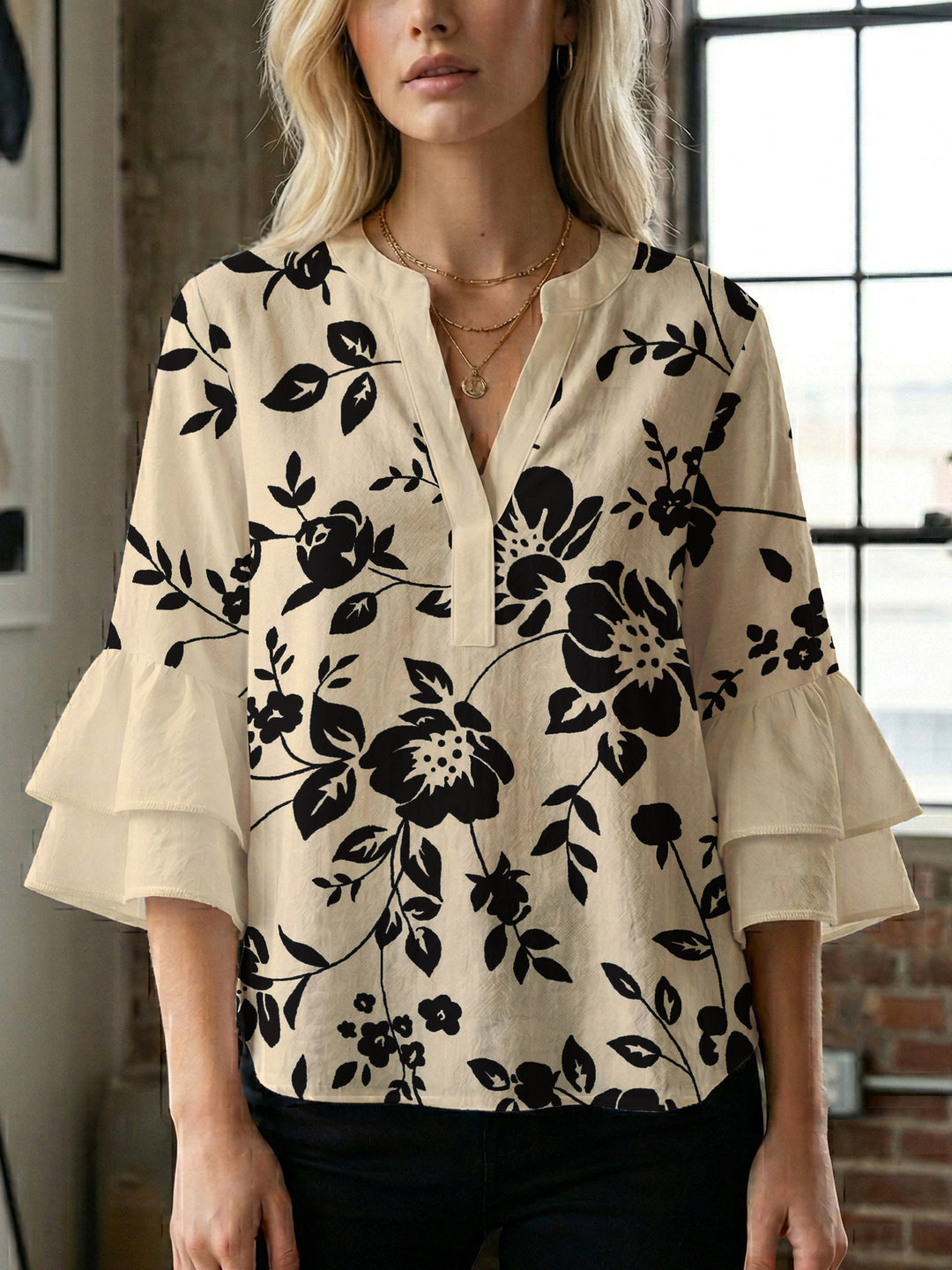 Damen lässige Bluse mit Volantärmeln und botanischem Druck Drune