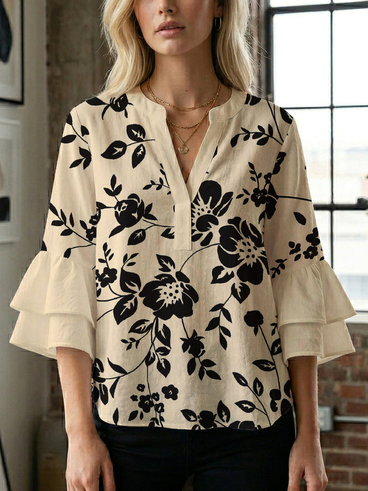 Damen lässige Bluse mit Volantärmeln und botanischem Druck Drune