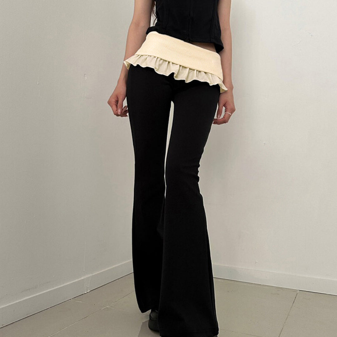 Damen nan taillierte Highwaist Schlaghose mit Zierband, Gürtelschlaufen und ausgestelltem Bein Drune