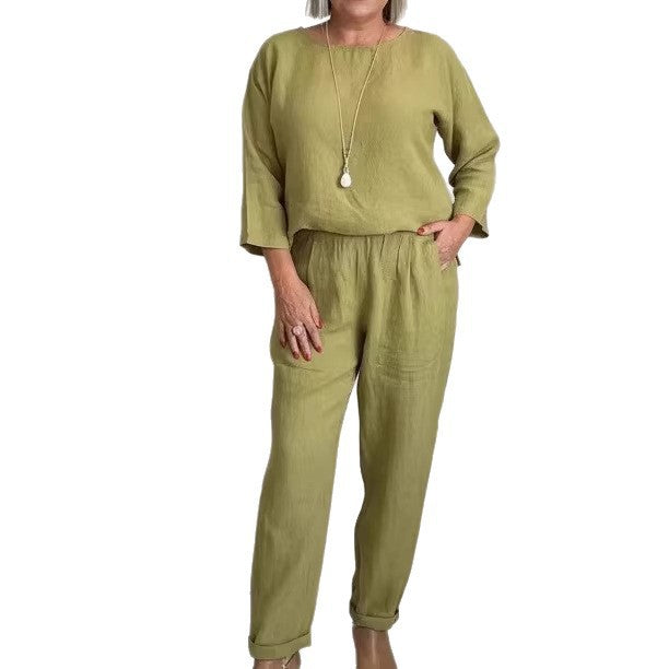 Damen Lässiges Leinen-Set mit weit geschnittenem Oberteil und bequemen Hosen Drune
