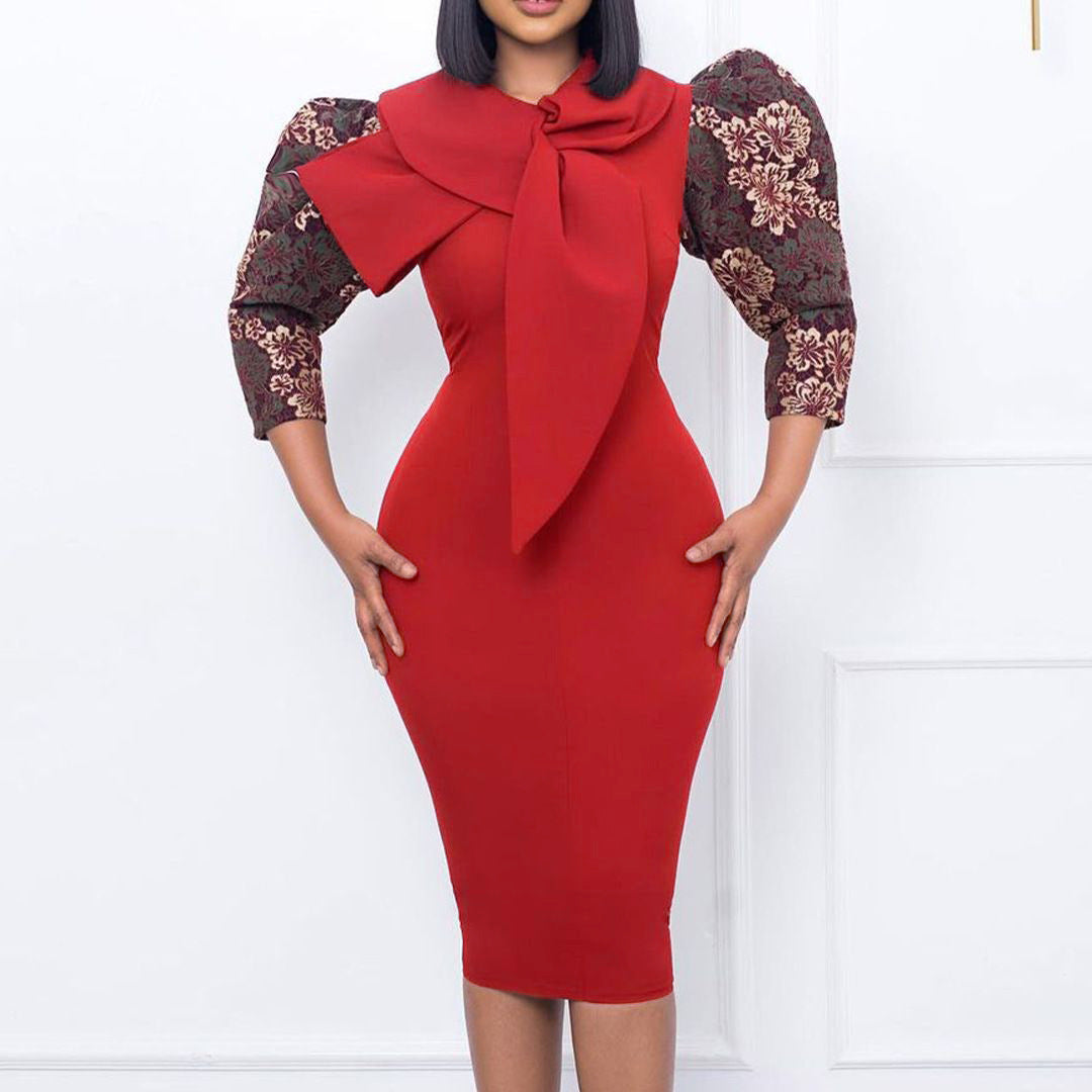 Damen elegantes Kleid mit Statement-Kragen und floralem Ärmel Drune