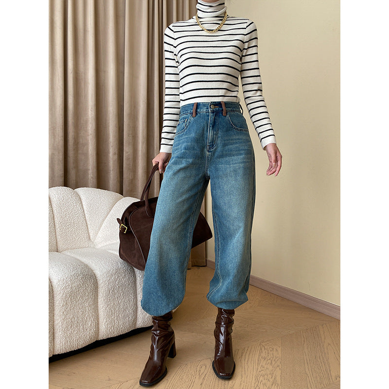 Damen lässige High-Waist Jeans mit weitem Bein und fransigem Saum Drune