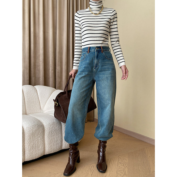 Damen lässige High-Waist Jeans mit weitem Bein und fransigem Saum Drune
