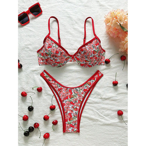 Damen Blumenmuster Bikini-Set mit elegantem Bustier-Oberteil und niedrigem Slip Drune