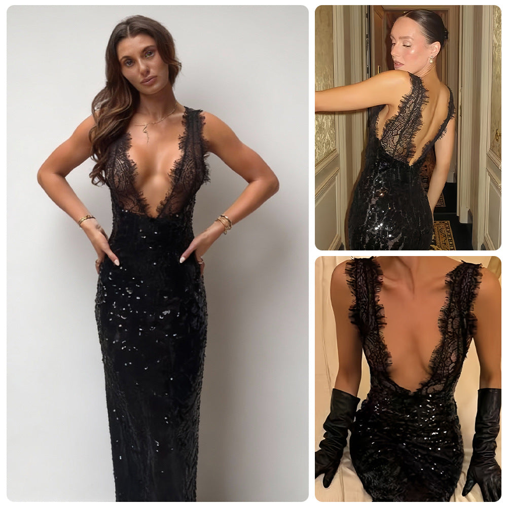 Damen Glitzerndes Spitzenkleid mit tiefem V-Ausschnitt und figurbetontem Schnitt Drune
