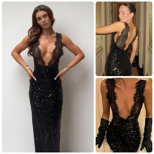 Damen Glitzerndes Spitzenkleid mit tiefem V-Ausschnitt und figurbetontem Schnitt Drune