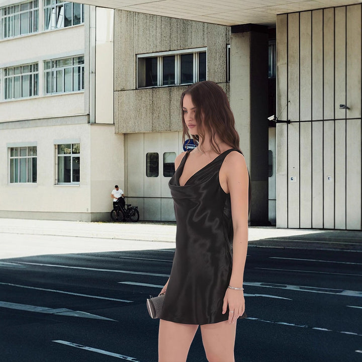 Damen Chiffon Minikleid mit elegantem Wasserfallausschnitt und tiefer Rückenpartie Drune