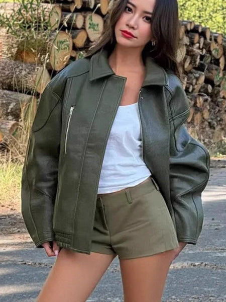 Damen modische Kunstlederjacke mit modernem Stehkragen und elastischem Saum Drune