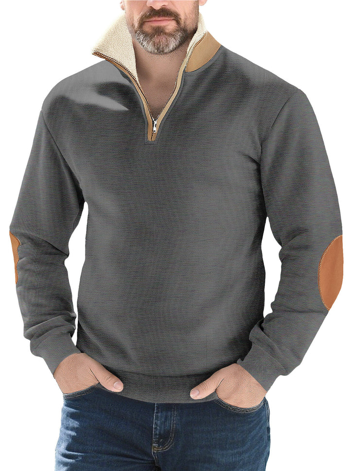 Herren nan Strukturstrick-Halbzipppullover mit wärmendem Sherpa-Kragen und Velours-Ellenbogenapplikation Drune