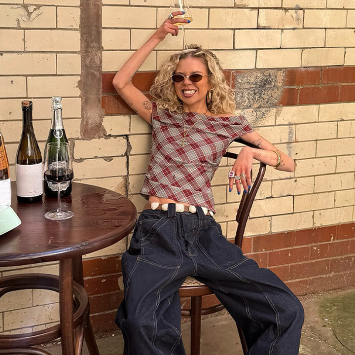 Damen Karo-Crop-Top mit lässigem Schnitt Drune