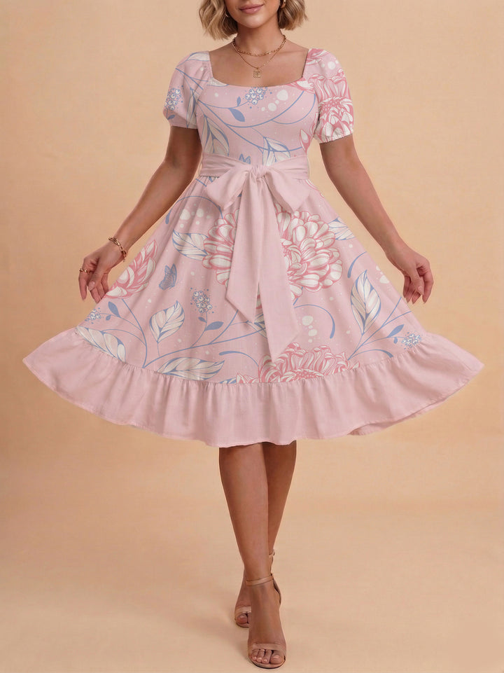 Damen Midi Kleid mit elegantem Blumendruck und tailliertem Gürtel Drune