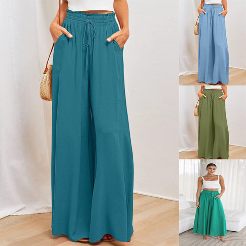 Damen lässige, weite Palazzo-Hosen mit elastischem Taillenbund und Kordelzug Drune