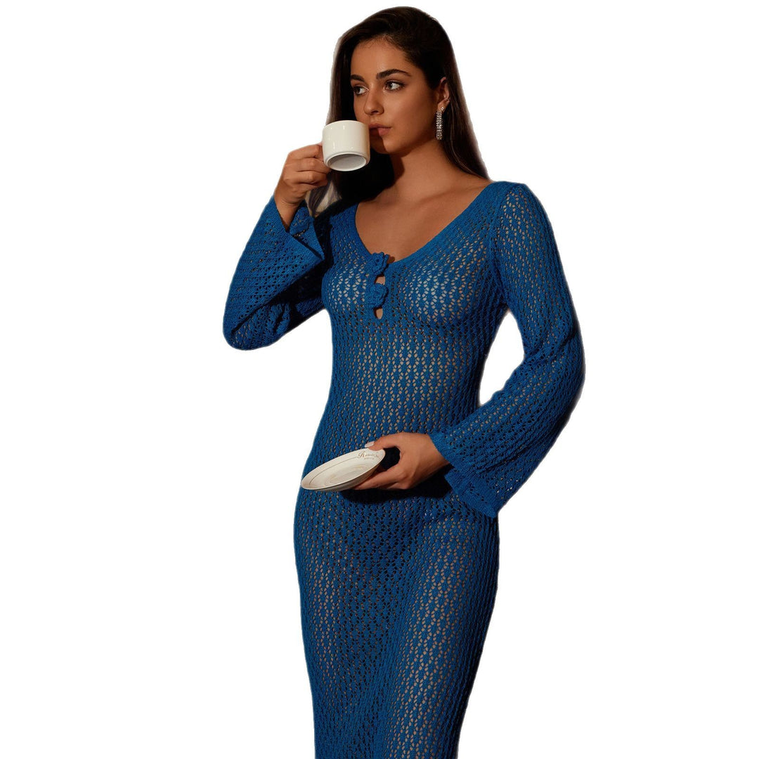 Damen Häkelkleid mit weitem Schlagärmel und knöpfbarem Ausschnitt Drune