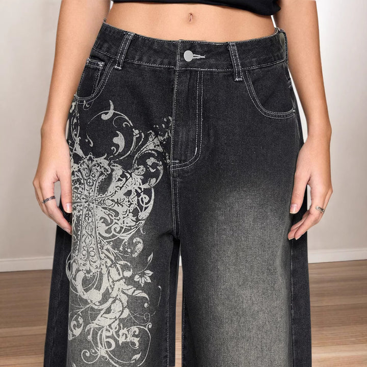 Damen Weite Denim-Hose mit auffälligem grafischem Druck Drune