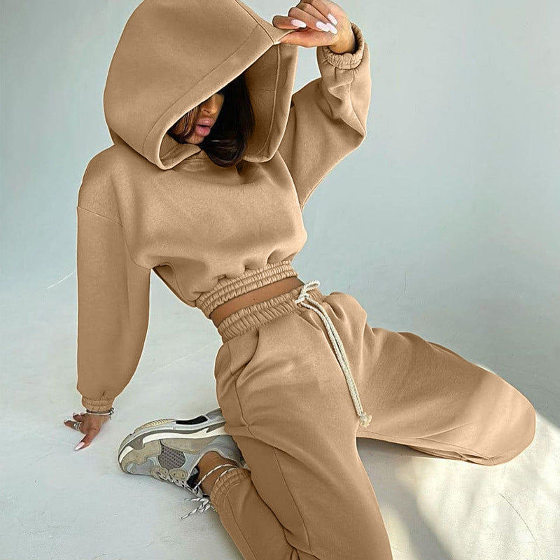 Damen Lässiges Sweat-Loungewear-Set mit cropped Kapuzenpullover und bequemen Hosen Drune