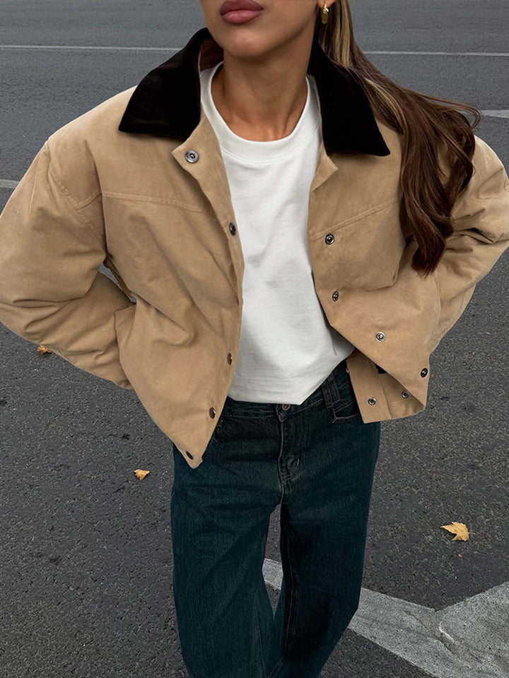 Damen modische Oversized-Jacke mit Samtkragen und Druckknopfverschluss Drune