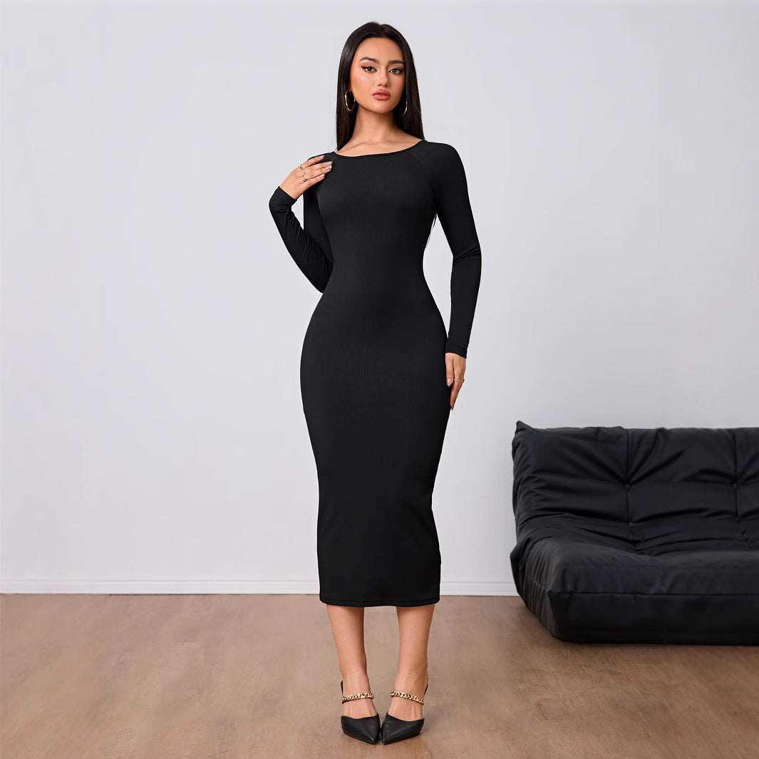 Damen figurbetontes Midi-Kleid mit elegantem Rundhalsausschnitt und langen Ärmeln Drune