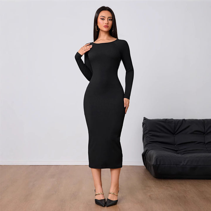 Damen figurbetontes Midi-Kleid mit elegantem Rundhalsausschnitt und langen Ärmeln Drune