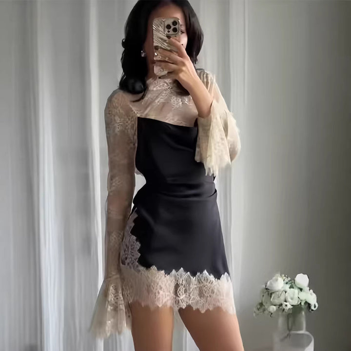 Damen Chiffon Abendkleid mit eleganten Spitzendetails und schwingenden Ärmeln Drune