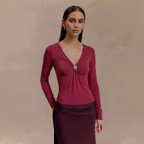 Damen Oberteil mit raffiniertem Knotendetail und elegantem V-Ausschnitt Drune