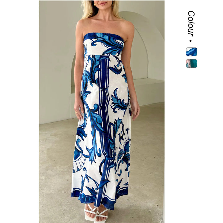 Damen Bandeau Maxikleid mit elegantem floralem Druck und fließendem Schnitt Drune