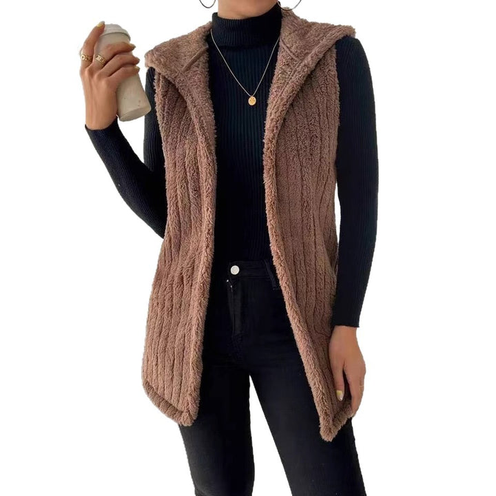 Damen Plüsch Weste mit Kapuze und senkrecht gestreiftem Design Drune