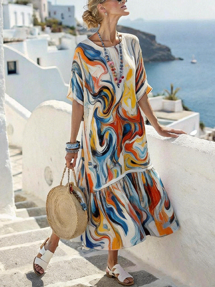 Damen Sommermaxikleid mit grafischem Muster und voluminösem Saum Drune