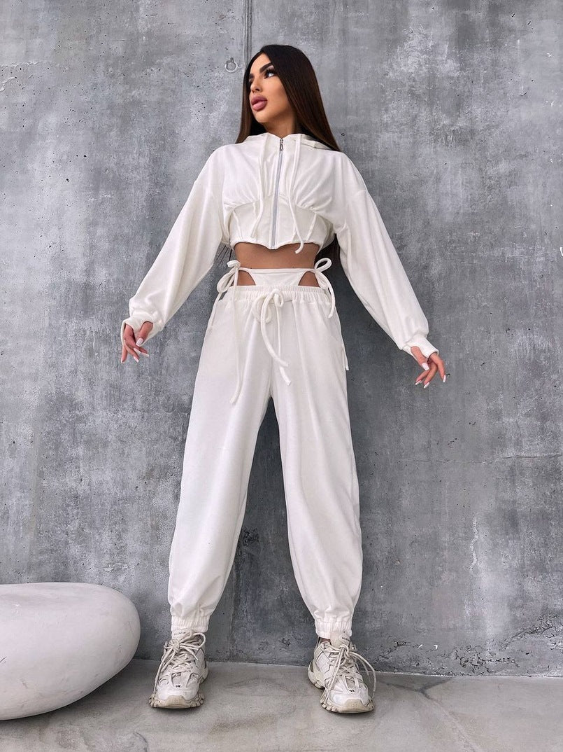 Damen Sportliches Velours-Cropped-Set mit Reißverschluss und Taillenschnitt Drune