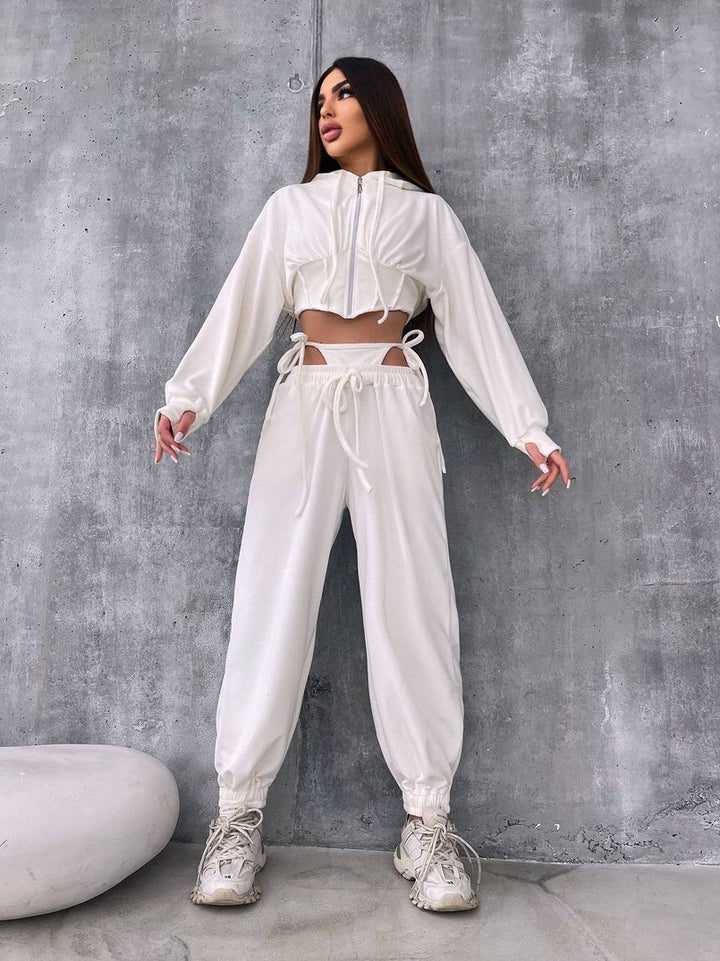 Damen Sportliches Velours-Cropped-Set mit Reißverschluss und Taillenschnitt Drune