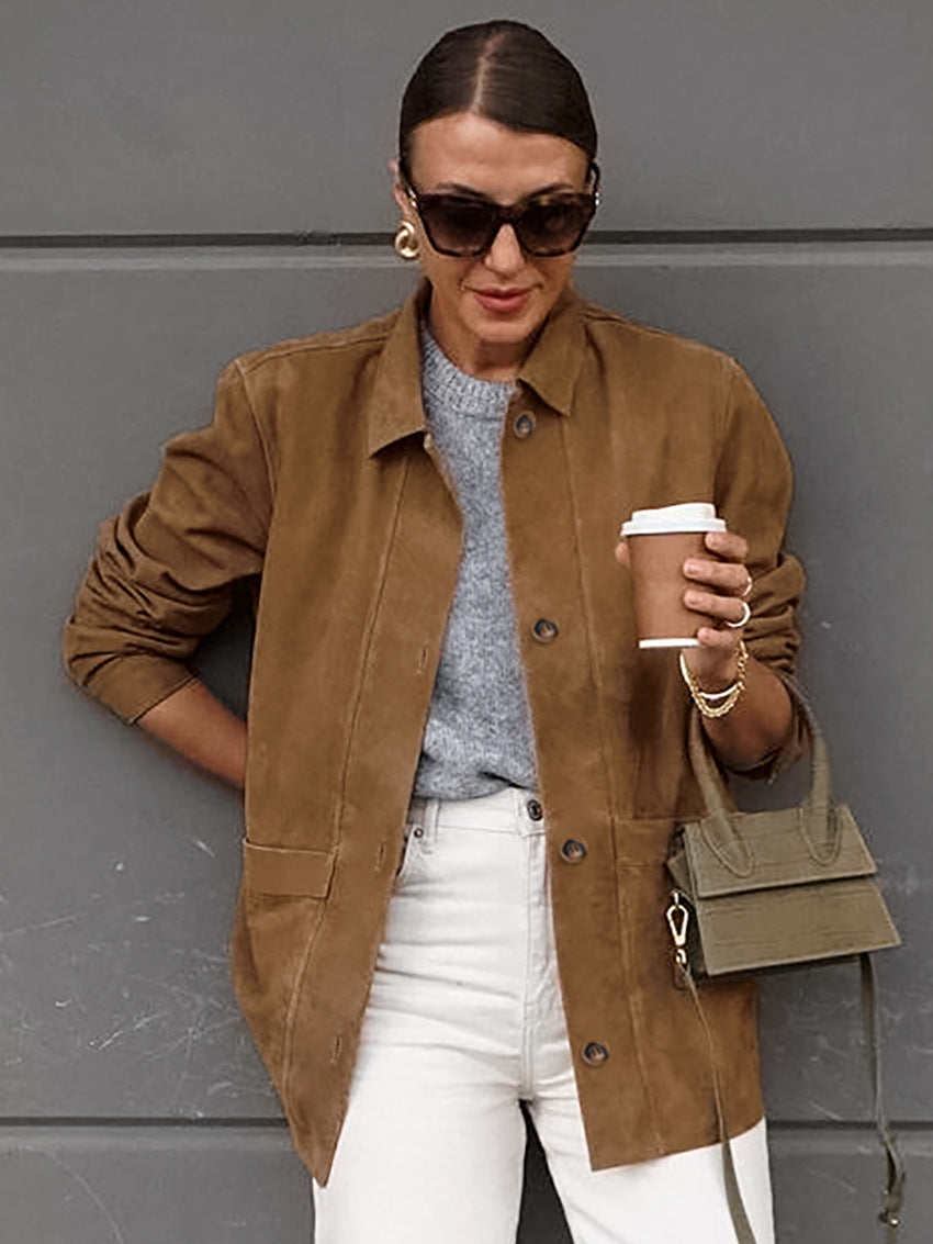 Damen Modischer Wildlederblazer mit praktischen Taschen Drune