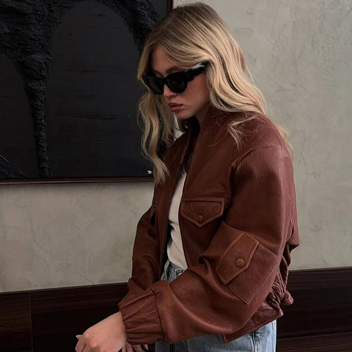 Damen lässige Lederjacke mit voluminösen Ärmeln Drune