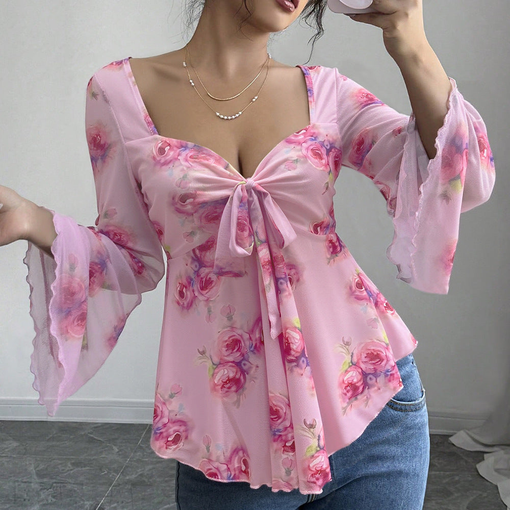 Damen fließendes Blusenshirt mit floralem Design und verspieltem Knoten Drune